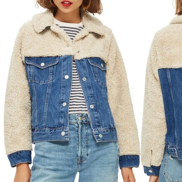 Topshop Denim Sherling Jacket SIZE 4 - Picture 2 of 10